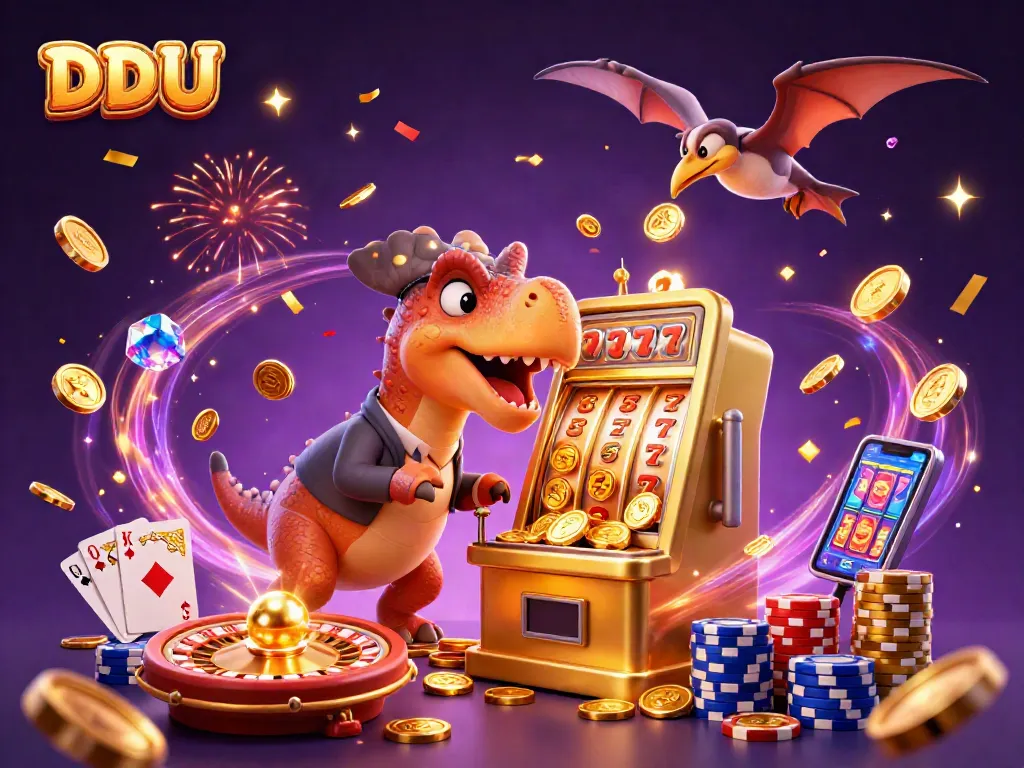 Experience DDUU's exciting jackpots as dinosaurs interact in a vibrant casino scene.