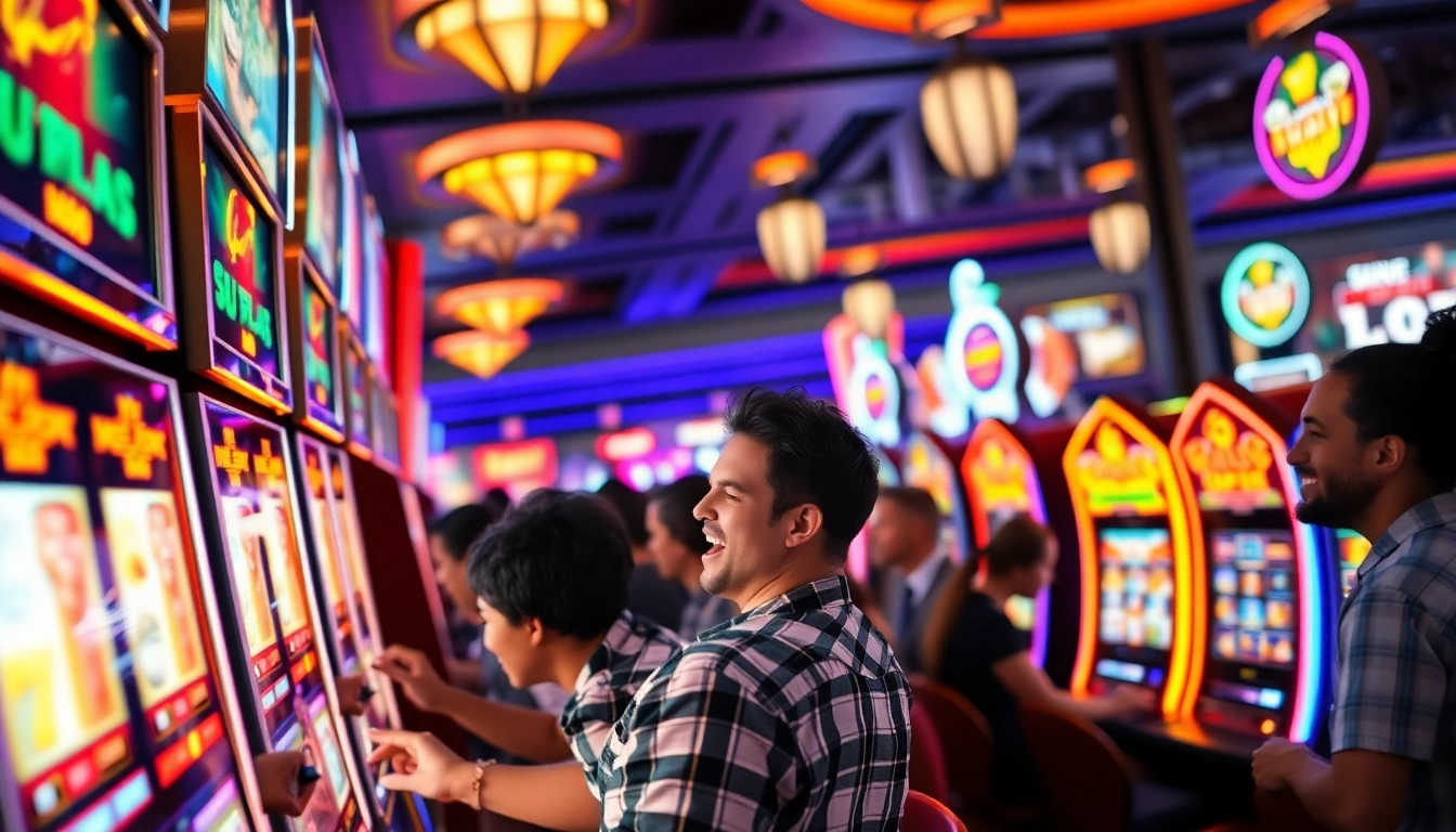 Pemain merayakan kemenangan slot gacor di dalam kasino yang ramai dan penuh warna.