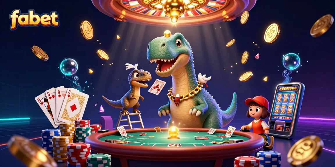 Engage with fabet as a giant brontosaurus surveys the bustling casino scene filled with thrilling games and golden treasures.