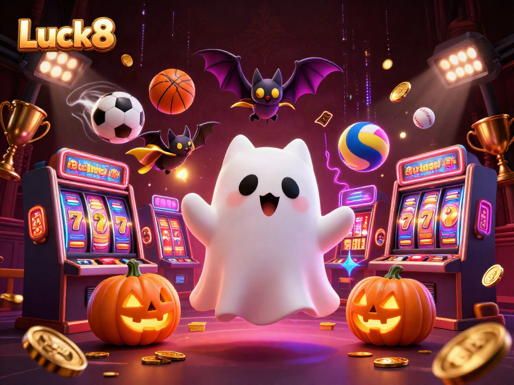 Luck8 invites players to enjoy thrilling gaming experiences amidst vibrant slot reels and spooky characters.
