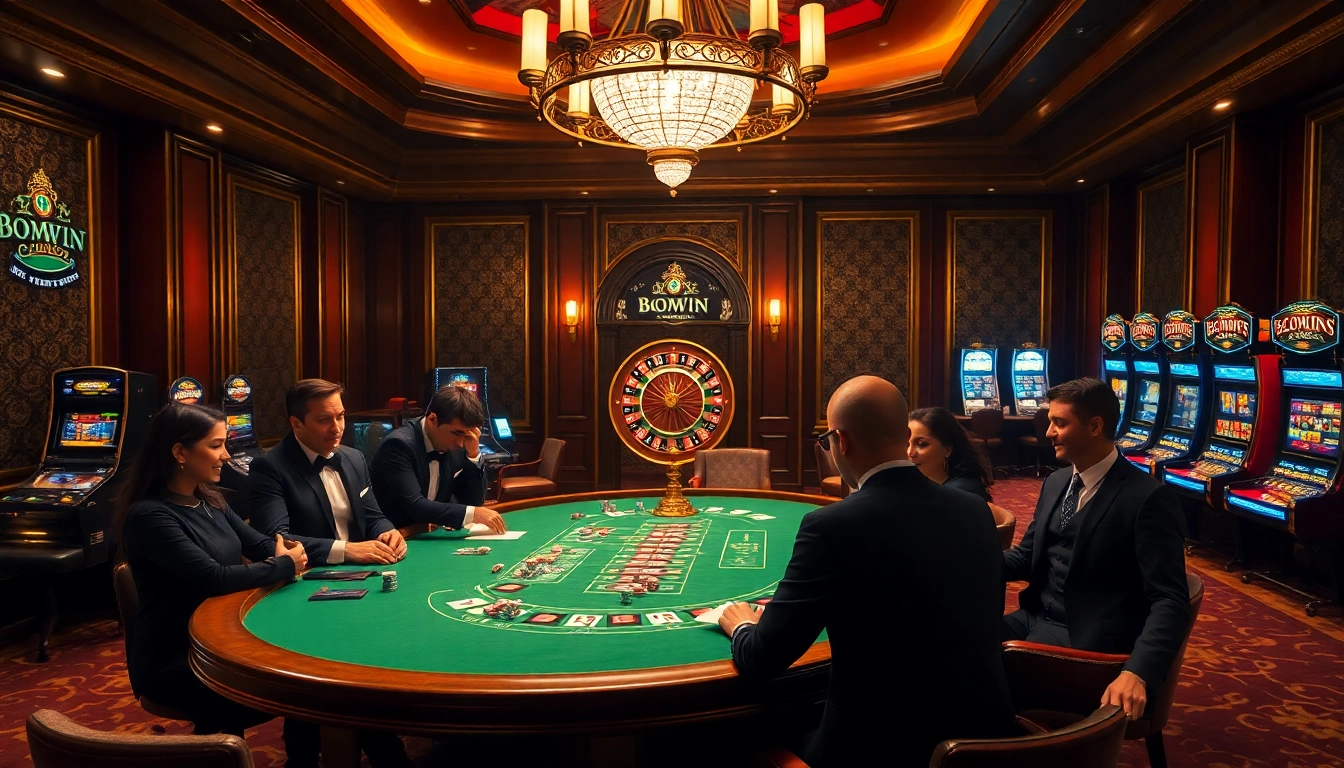 Experience the thrill of bomwin poker amidst a vibrant casino atmosphere with luxurious tables and ambiance.