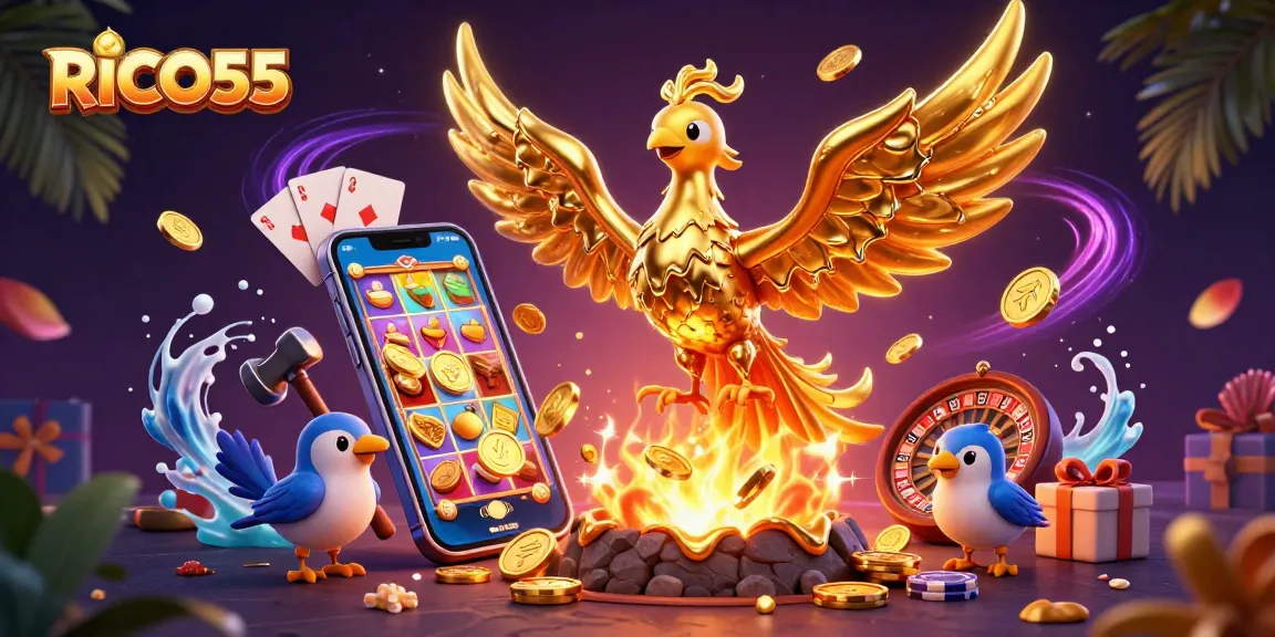 Engage with RICO55's dynamic slot gaming features showcasing golden coins and vibrant phone displays.