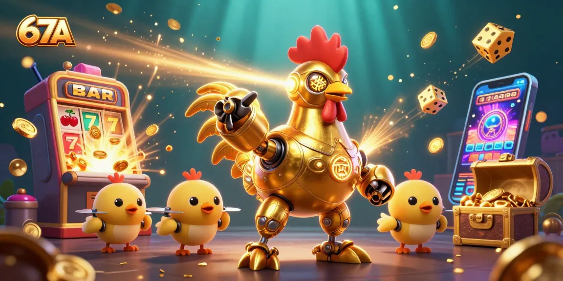 Experience the thrill of 67A with a golden rooster robot and vibrant casino elements.