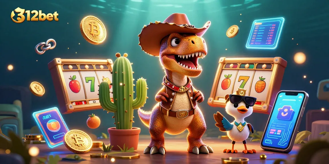 Experience thrilling slots with 312bet as a T-Rex cowboy celebrates wins surrounded by vibrant graphics.