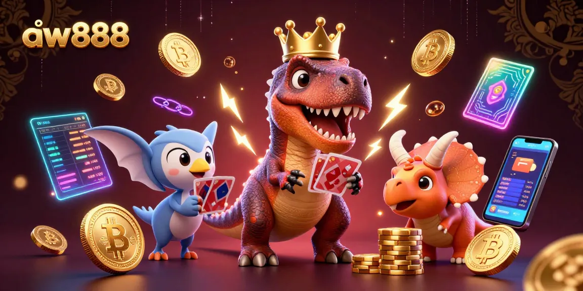 Experience the excitement of aw888 casino with a playful T-Rex shuffling cards and friends stacking chips!