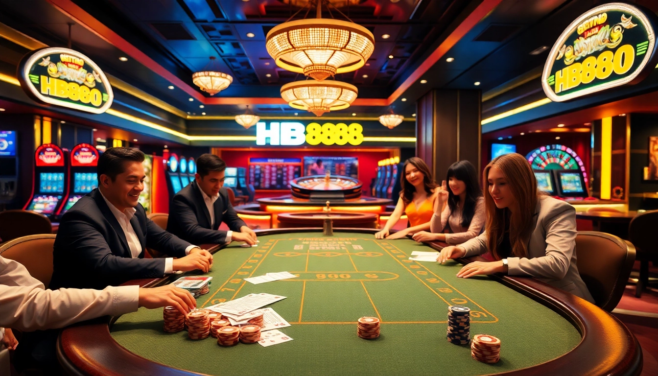 Players enjoying an HB888 gaming experience amidst a luxurious casino atmosphere.
