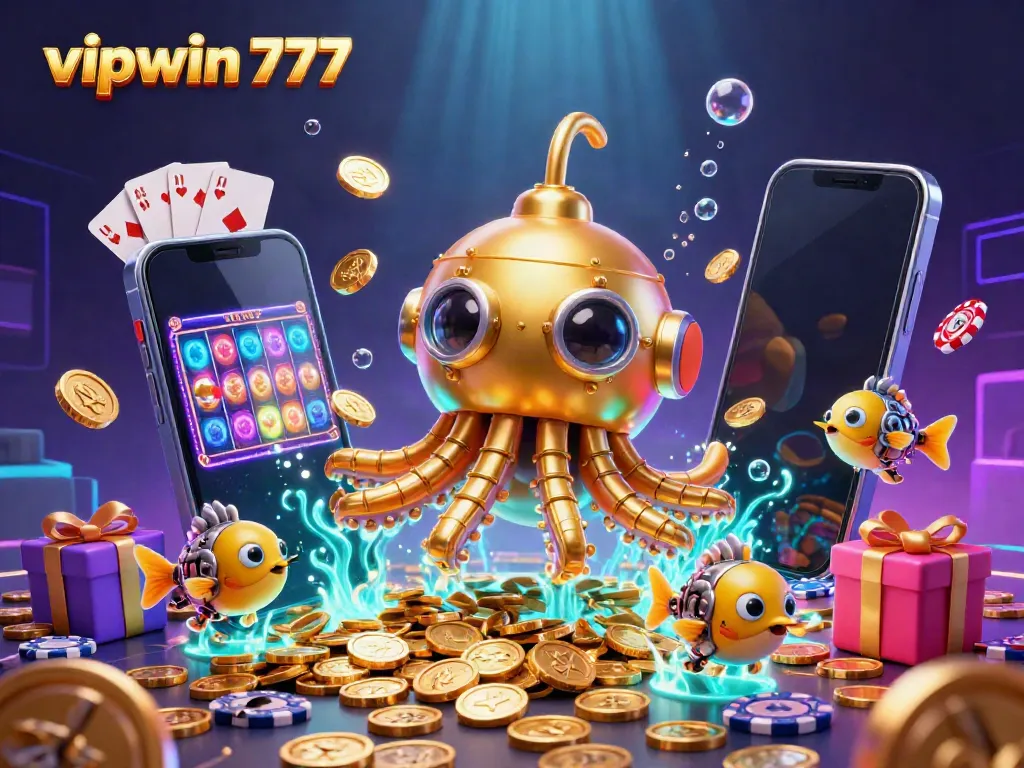 Experience the thrilling world of vipwin 777 with a golden kraken submarine bursting through golden coins, surrounded by dynamic gaming elements.
