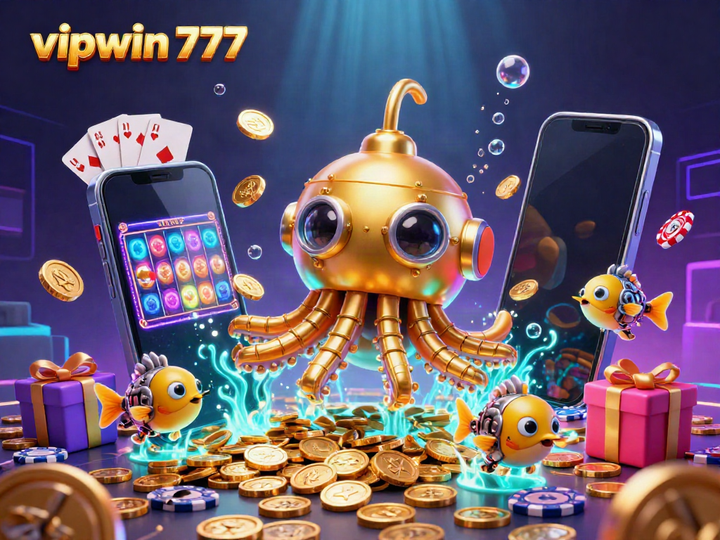 Experience the thrilling world of vipwin 777 with a golden kraken submarine bursting through golden coins, surrounded by dynamic gaming elements.