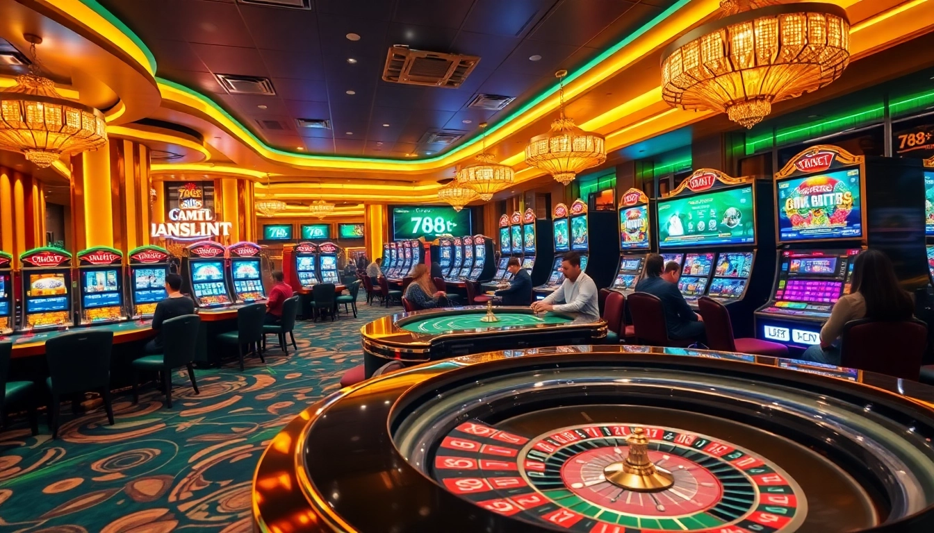 Excited players engaging in lively games at the 788t casino, showcasing vibrant slot machines and elegant tables.