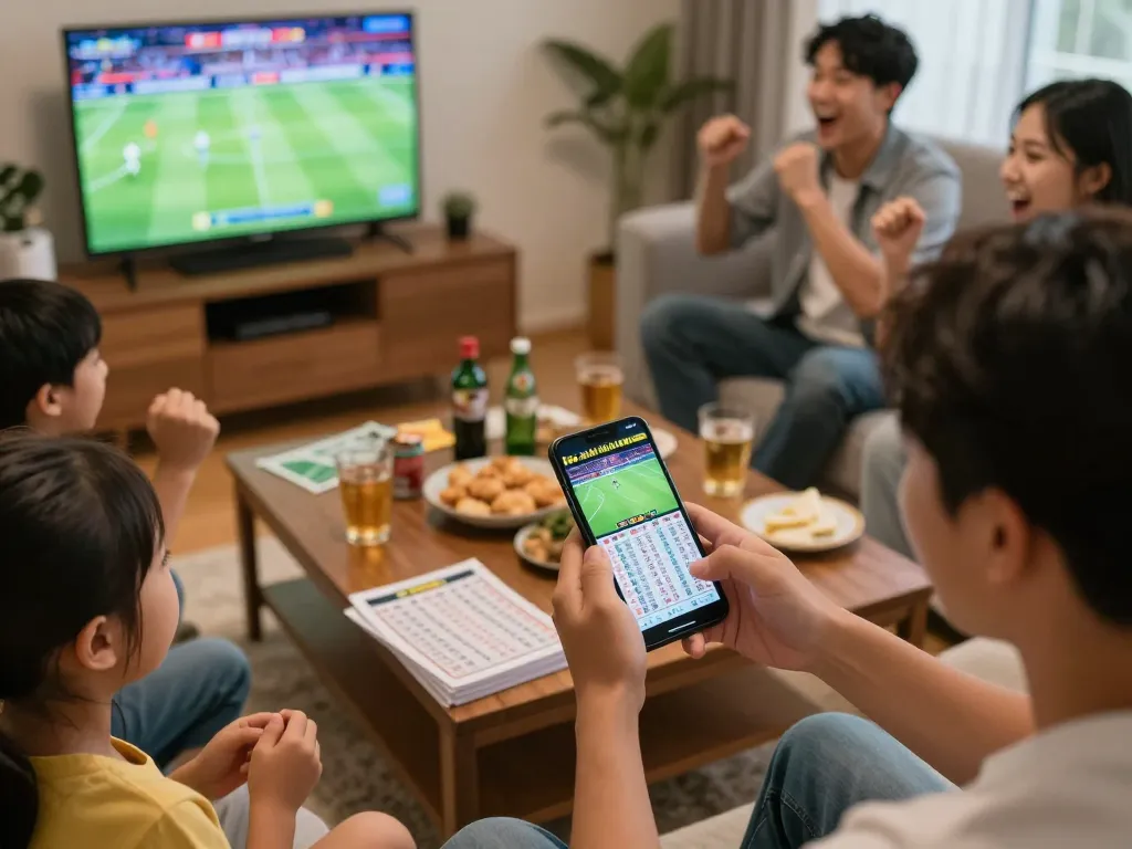 Kèo nhà cái hôm nay displayed on a smartphone amidst an exciting home sports betting gathering.