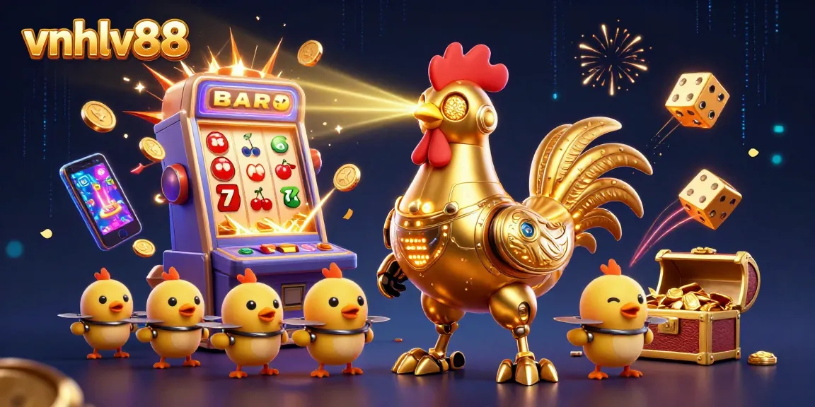 Experience the excitement of vnhlv88 with a vibrant 3D illustration of a golden rooster robot amidst jackpot celebrations.