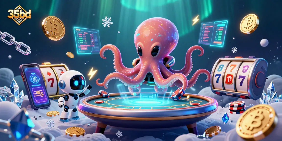 Engage with 35bd's vibrant alien poker scene featuring a cosmic octopus and cryptocurrency elements.