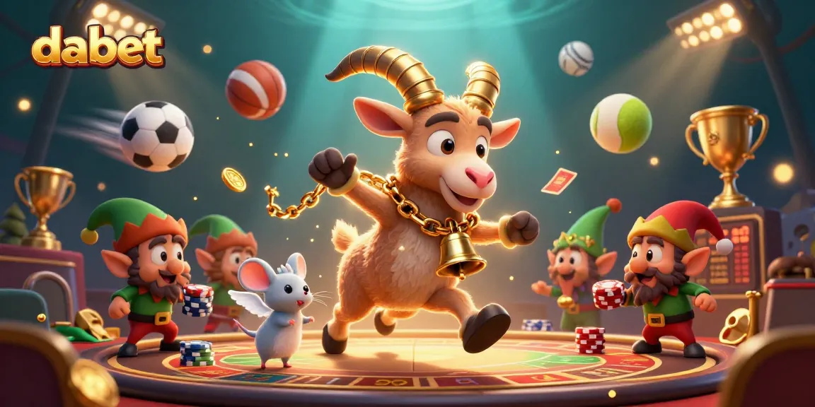 dabet's festive casino scene features a Krampus goat, mouse, and gremlins amidst dynamic sports elements.