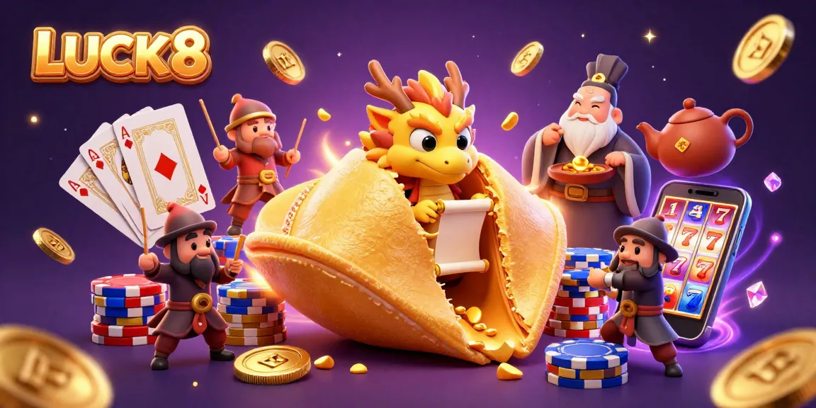 Experience LUCK8 with a dynamic scene of a fortune cookie, a dragon, and casino elements thrillingly interacting.