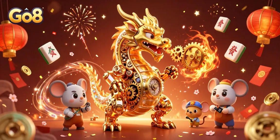 Engage with Go8's golden dragon casino themed illustration bursting with festive elements and magical energy.