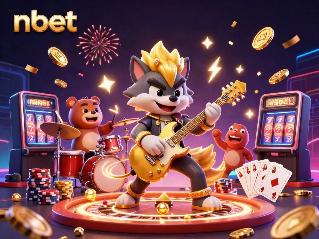 Experience thrilling casino action with nbet featuring a rock star wolf and drummer bear in a vibrant 3D illustration.