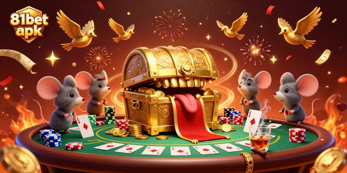 Experience the excitement of 81bet apk with this vibrant 3D casino scene featuring playful mice and golden treasures.