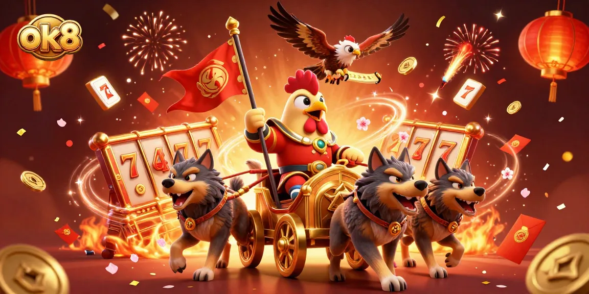 Engage in the excitement of ok8 with a 3D rooster warlord and casino game elements.