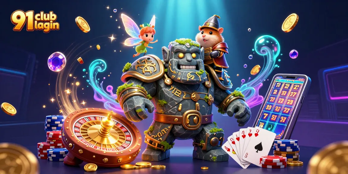Engage with the thrilling 91 club login experience illustrated with enchanting characters and vibrant casino elements.