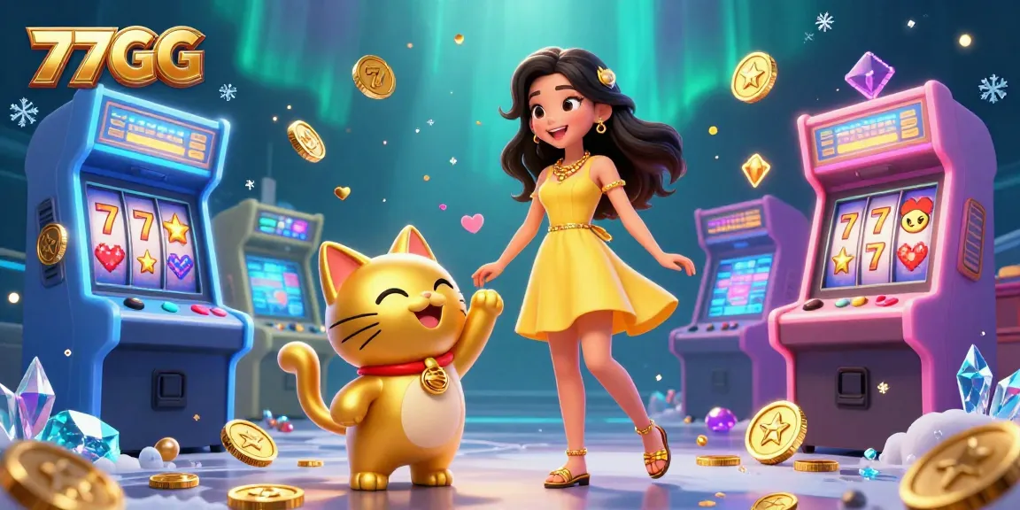 Experience the excitement of 77GG with a joyful woman and a lucky cat in a vibrant casino scene.