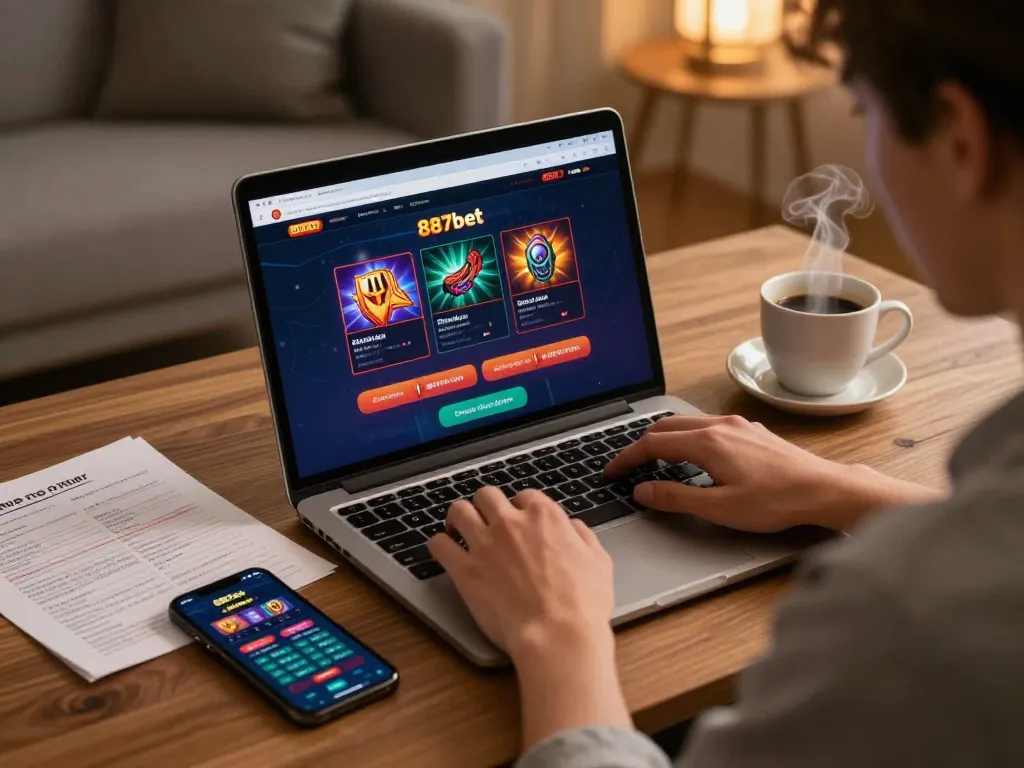 Pessoa participando de jogos online emocionantes na plataforma 887bet a partir de um espaço de trabalho aconchegante.