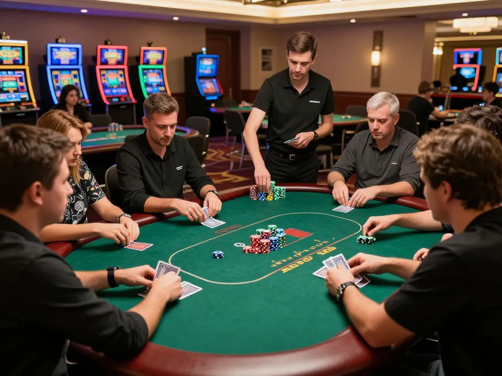 Players strategizing in a high-stakes poker game at an upscale casino featuring 33CC ambiance and excitement.