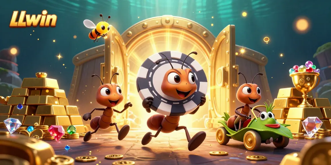 LLwin offers a thrilling online casino experience with animated ants heisting a golden poker chip.