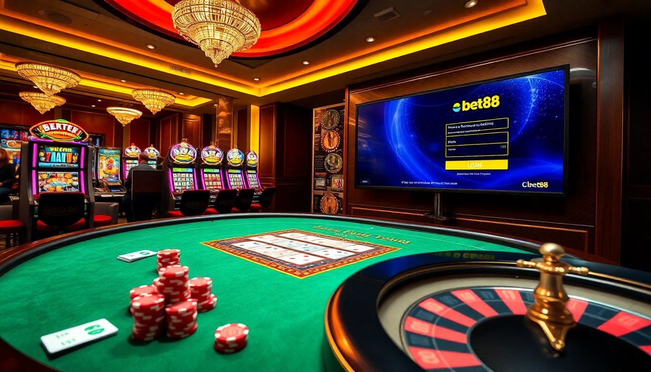 Exciting casino scene during Bet88 đăng nhập with blackjack players, colorful slot machines, and classy ambiance.