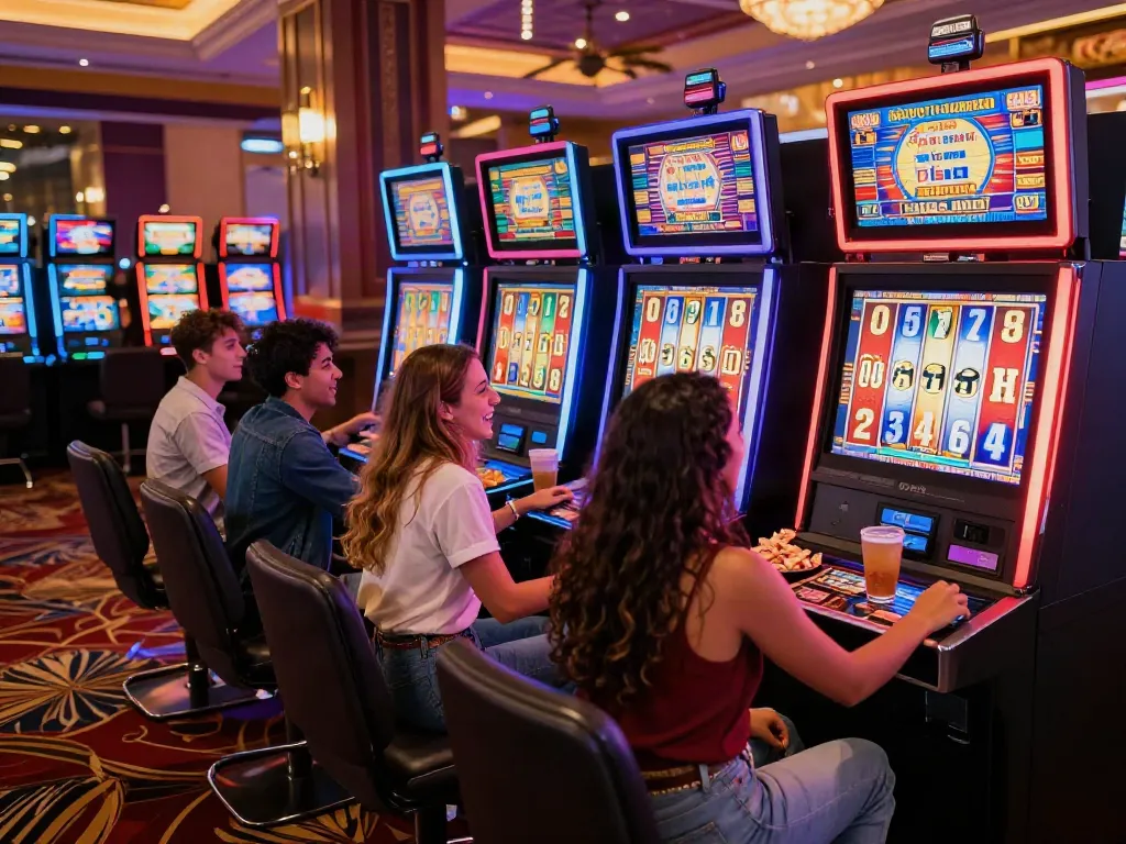 A emoção do Slot online em um cassino vibrante com amigos jogando juntos.