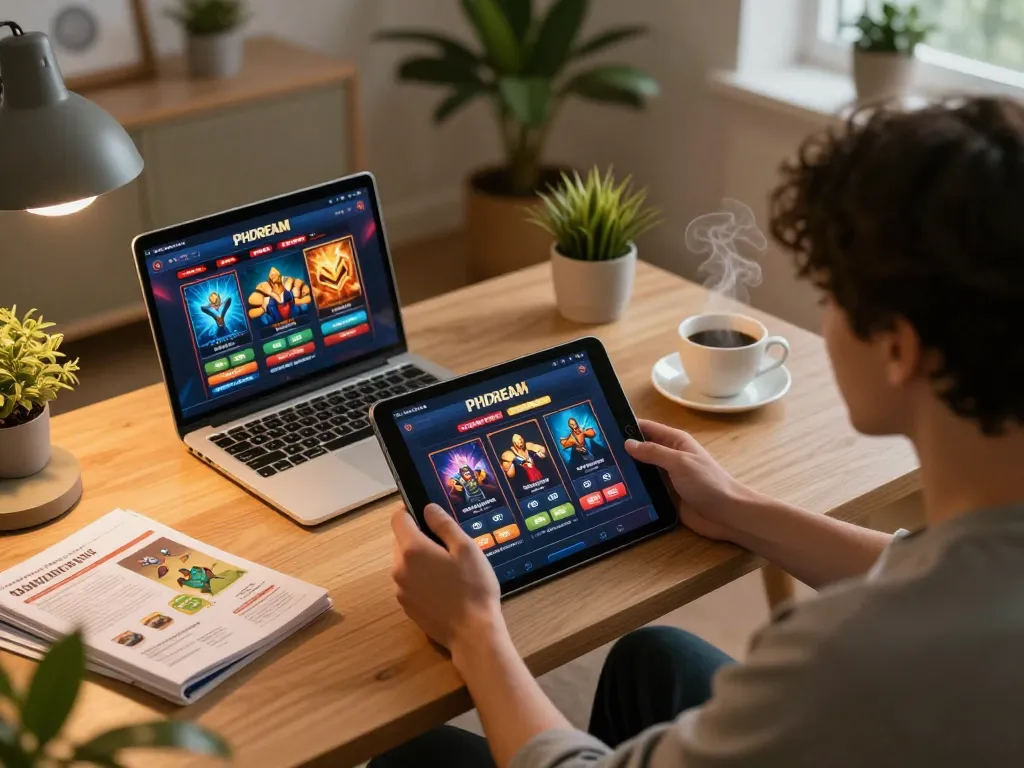 PHDREAM user enjoying mobile gaming experience on a tablet in a cozy home environment