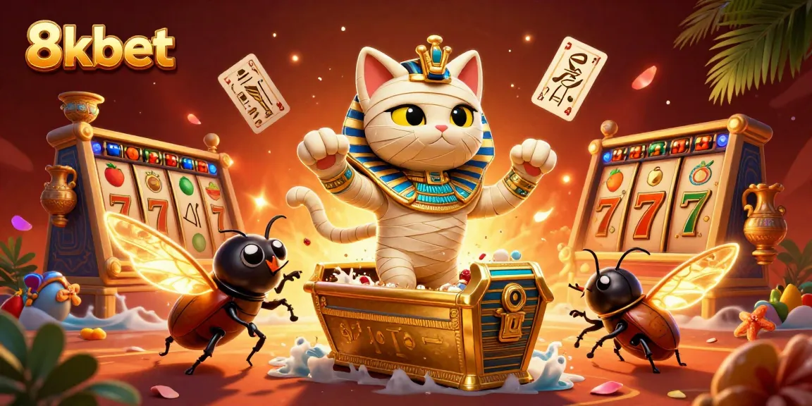Experience thrilling wins at 8kbet with the Egyptian mummy cat amidst dazzling casino elements.