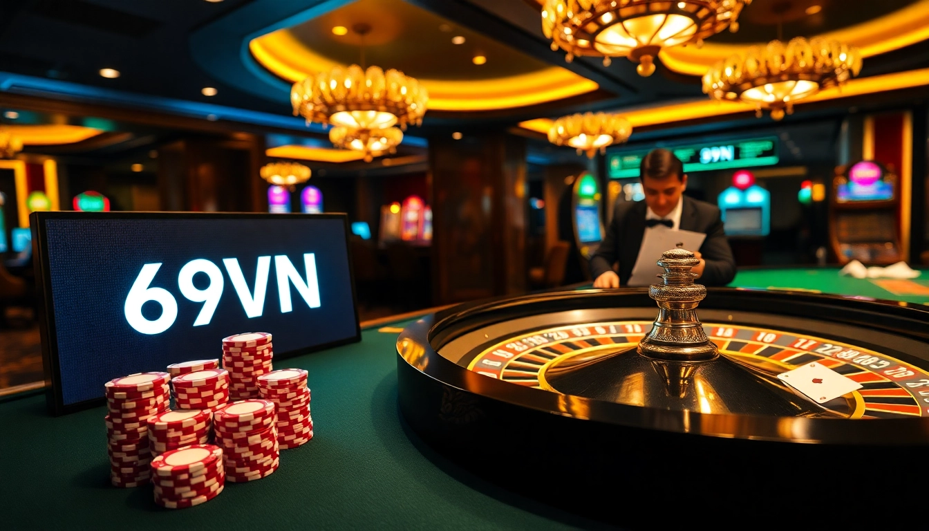 Experience excitement at 69VN with a vibrant casino scene featuring poker chips and roulette.