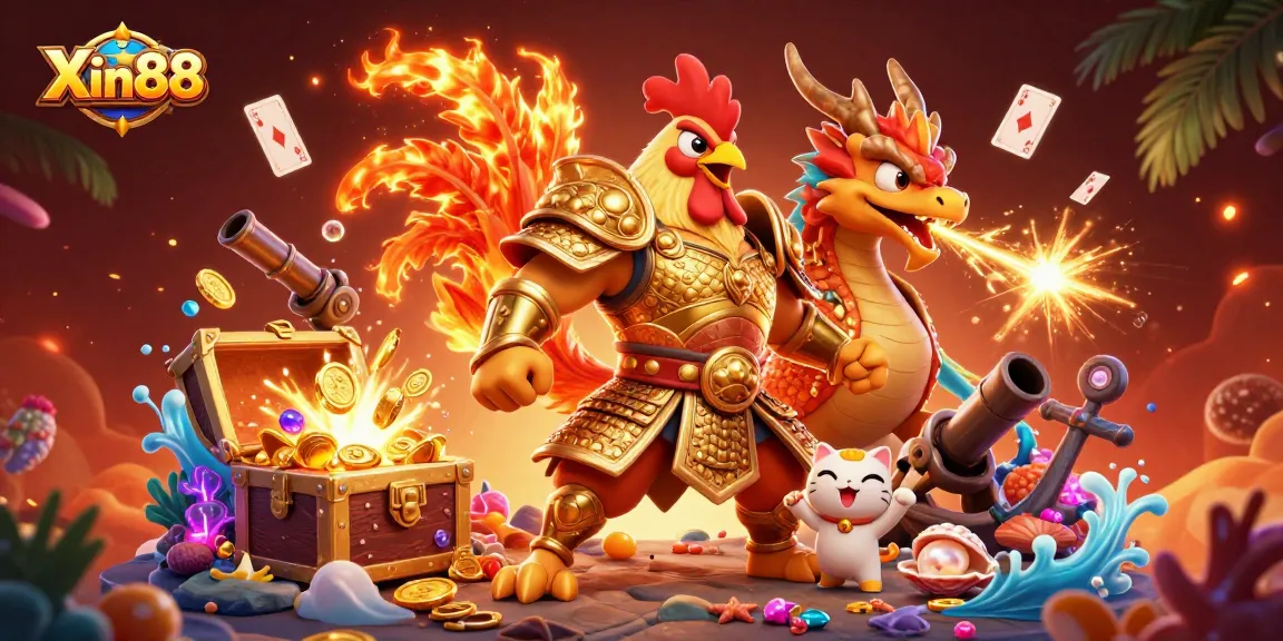 Playing thrilling games at Xin88 with cartoon characters and vibrant casino elements in a dynamic scene.