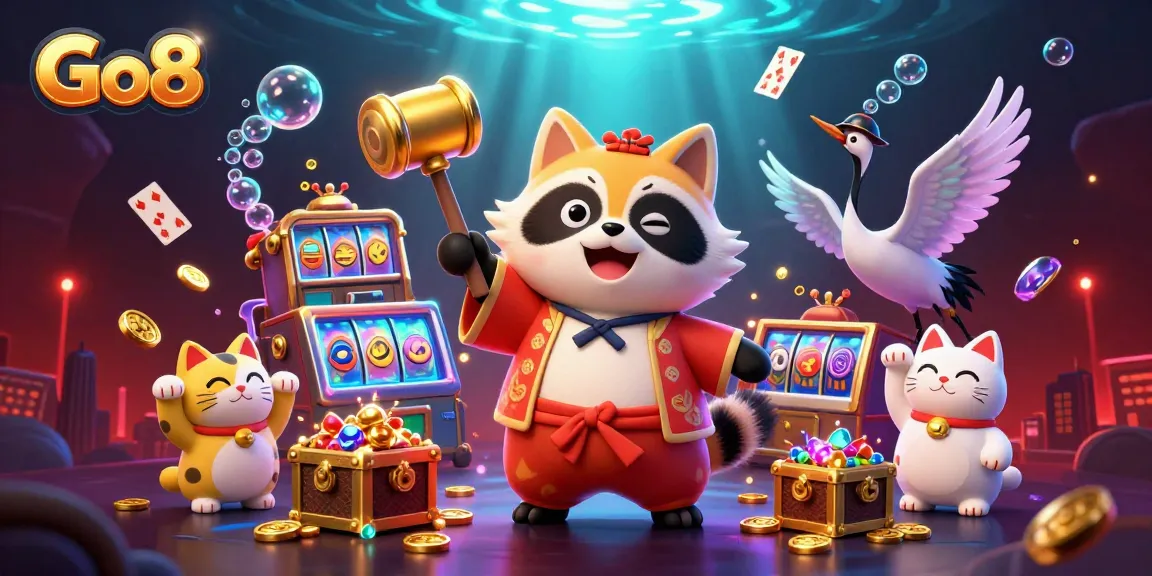 Engage with Go8's thrilling slots and lively characters in a vibrant casino scene.
