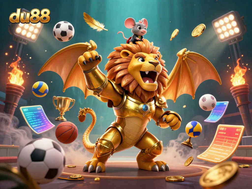 Join the thrilling action at du88 with a roaring chimera, sports elements, and excitement.