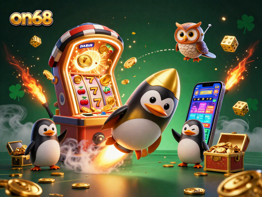 Experience thrilling excitement at on68's casino with a spectacular rocket-powered penguin adventure!