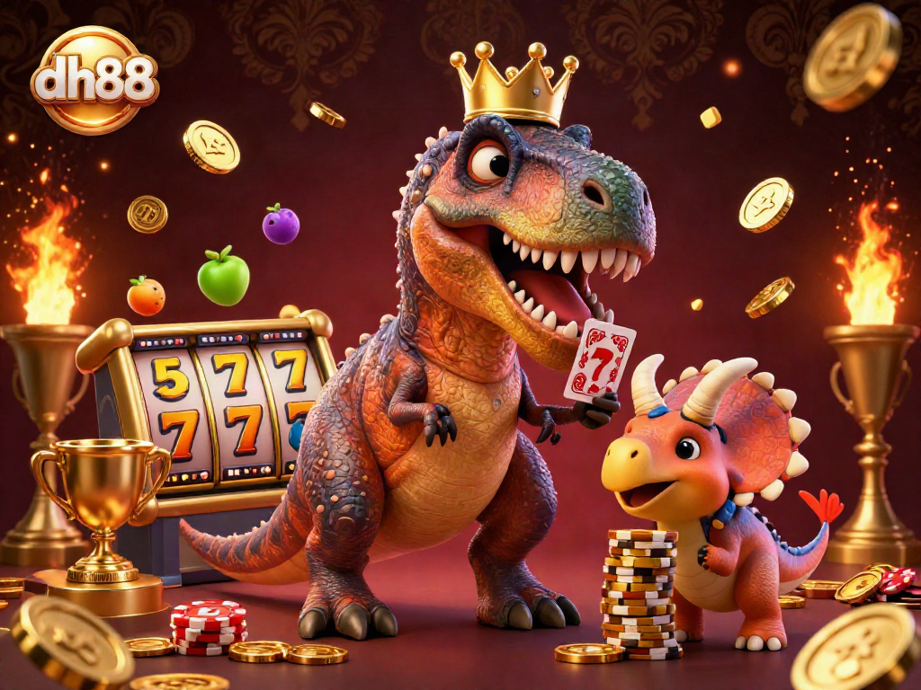 Experience thrilling gameplay with dh88, featuring a T-Rex shuffling cards amidst dynamic slot elements and dazzling coins.