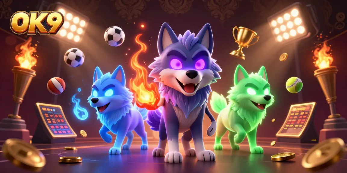 Win big at OK9 with a powerful wolf pack leader and dynamic sports elements in an engaging casino scene.