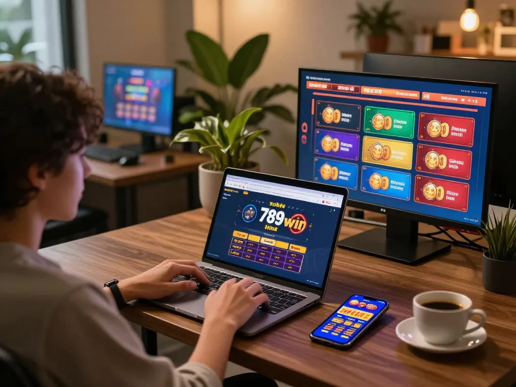 A person placing bets on 789win link from a stylish home desk with a laptop and smartphone.