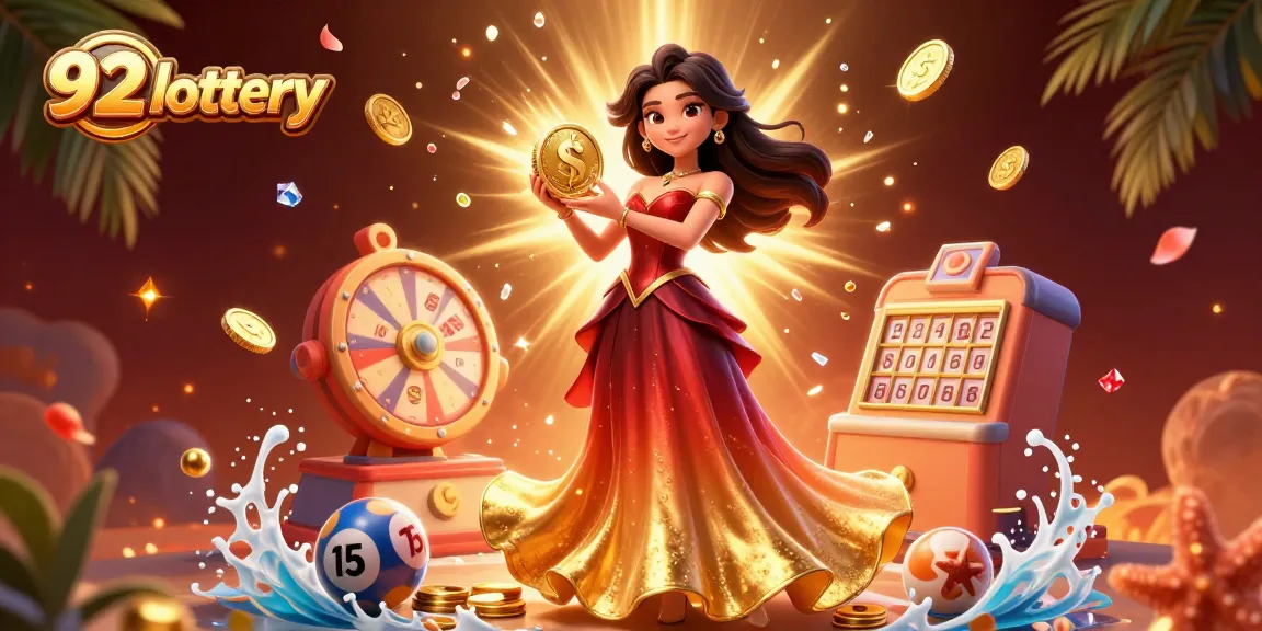 Win big with 92 lottery as a stunning woman holds a golden coin, surrounded by vibrant gambling elements.