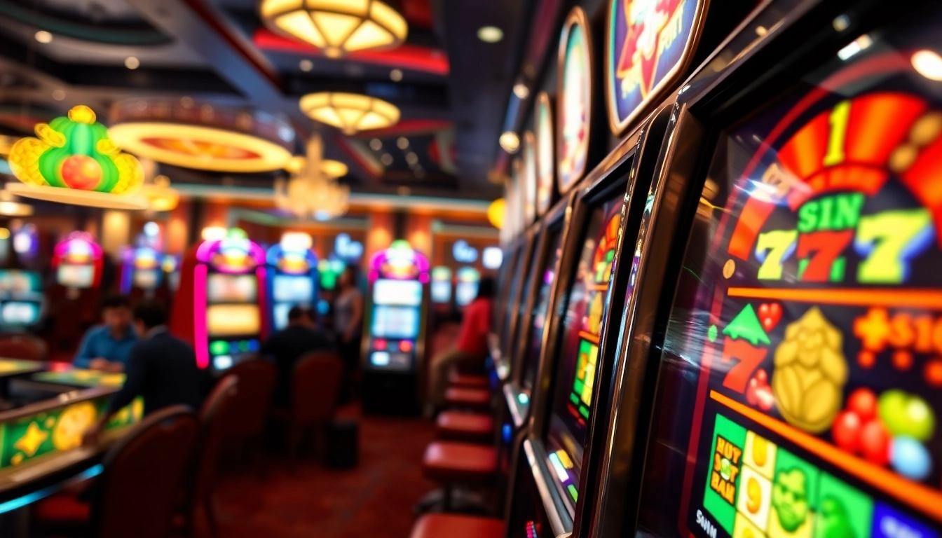 Menangkan Slot deposit 5000 di mesin slot dengan warna cerah dan suasana kasino yang meriah.