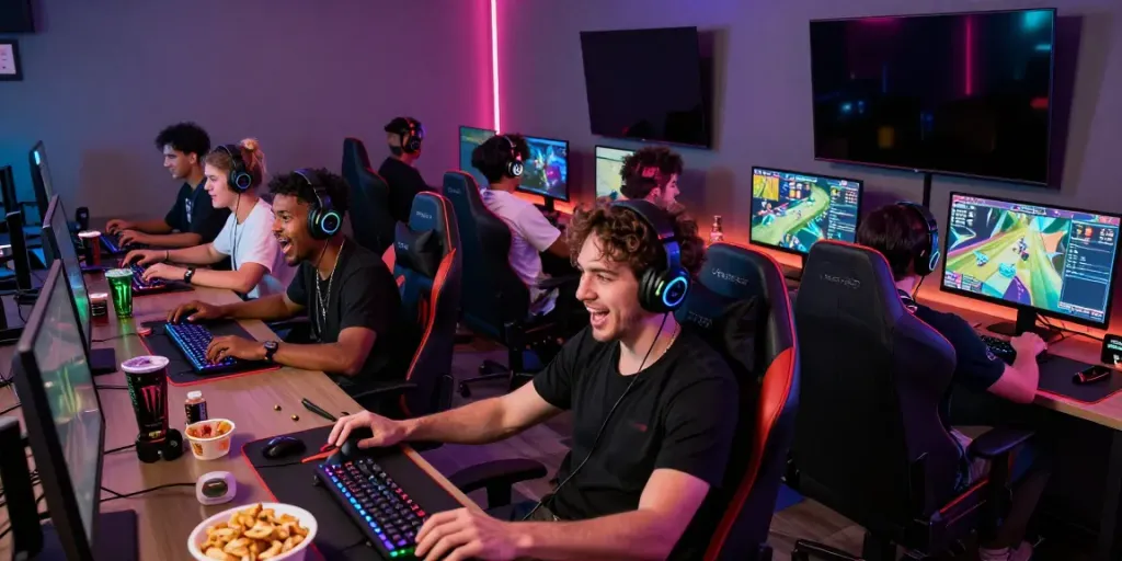 Engaged gamers at a modern lounge, enjoying games from https://man88.hair/ with vibrant lighting and personalized setups.