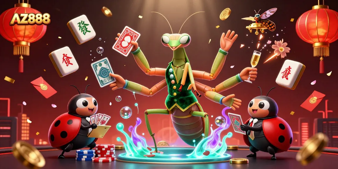 Experience the thrill of AZ888 as a giant card sharp and ladybug pit boss host an enchanting night of gaming.