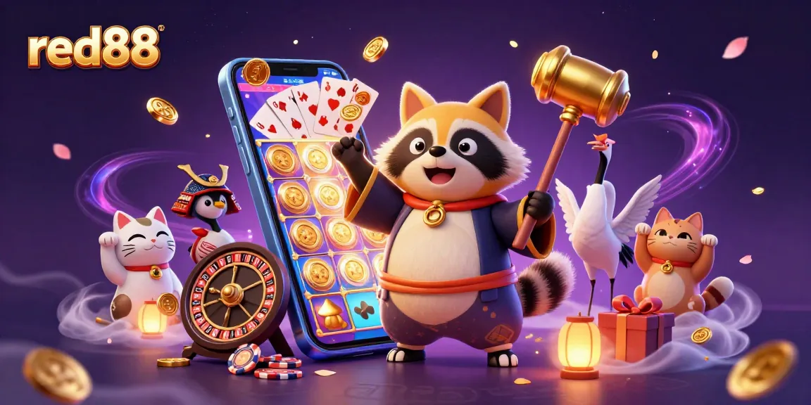 Win big with red88 featuring a cheerful tanuki and colorful casino elements in a vibrant scene.