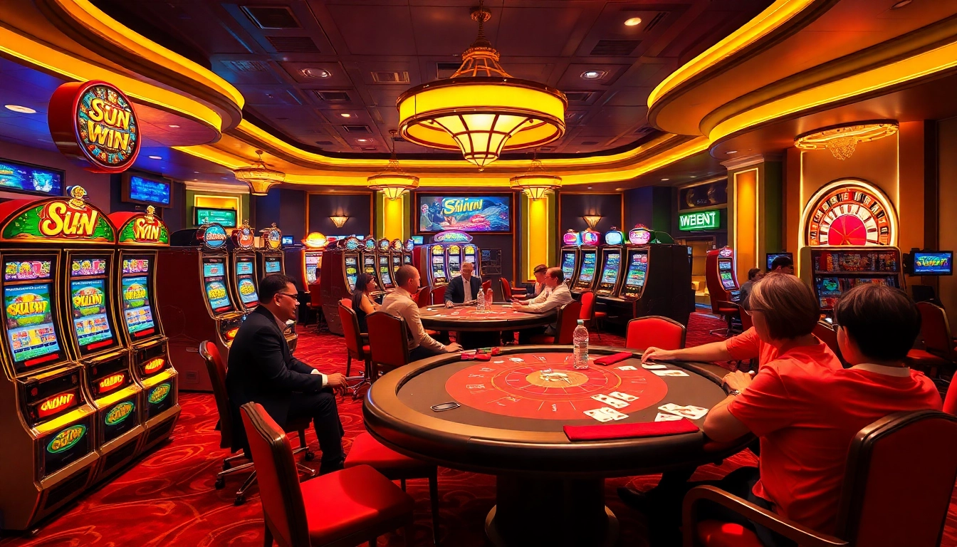 Engage in thrilling casino gameplay at sun win with vibrant tables and colorful slot machines.