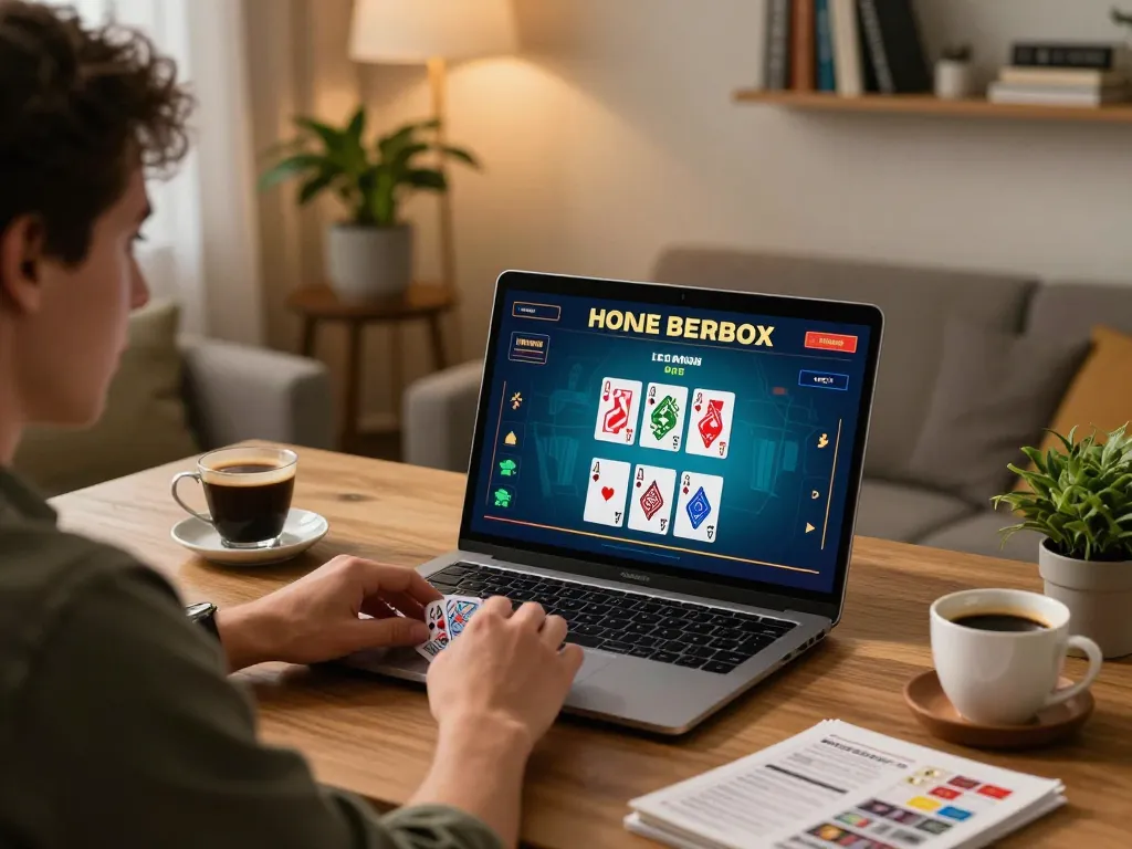 Player enjoying an interactive 27G blackjack game on a laptop, emphasizing strategic gameplay in a cozy home setting.