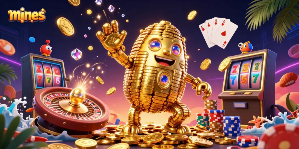 Experience the excitement of mines gaming with a golden golem surrounded by cascading coins and vibrant casino elements.