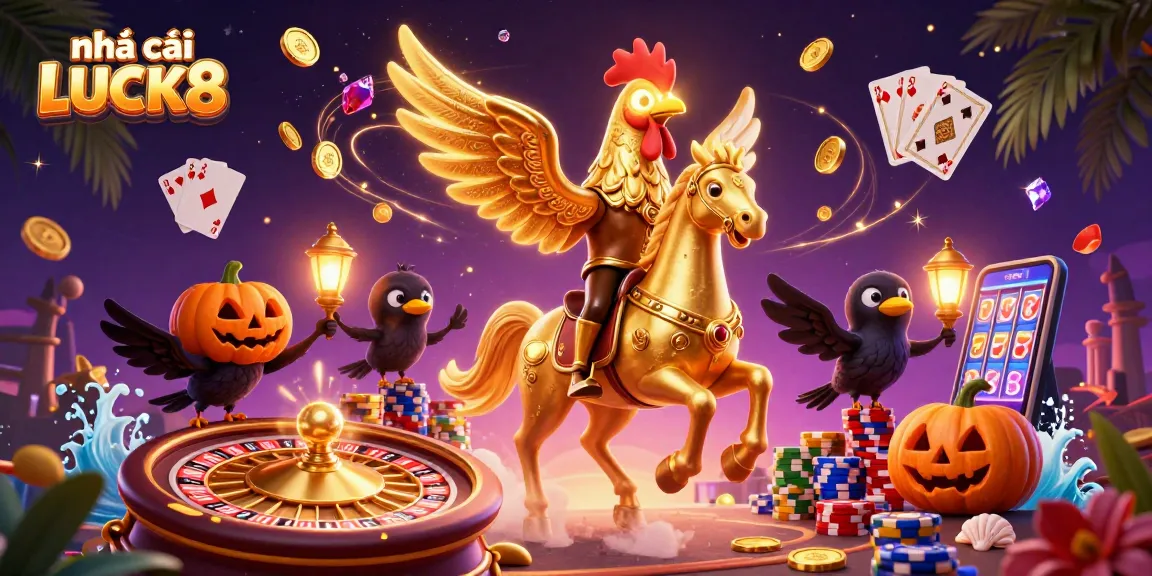 Engage with nhà cái LUCK8's vibrant casino scene, featuring golden rooster action and spinning roulette.