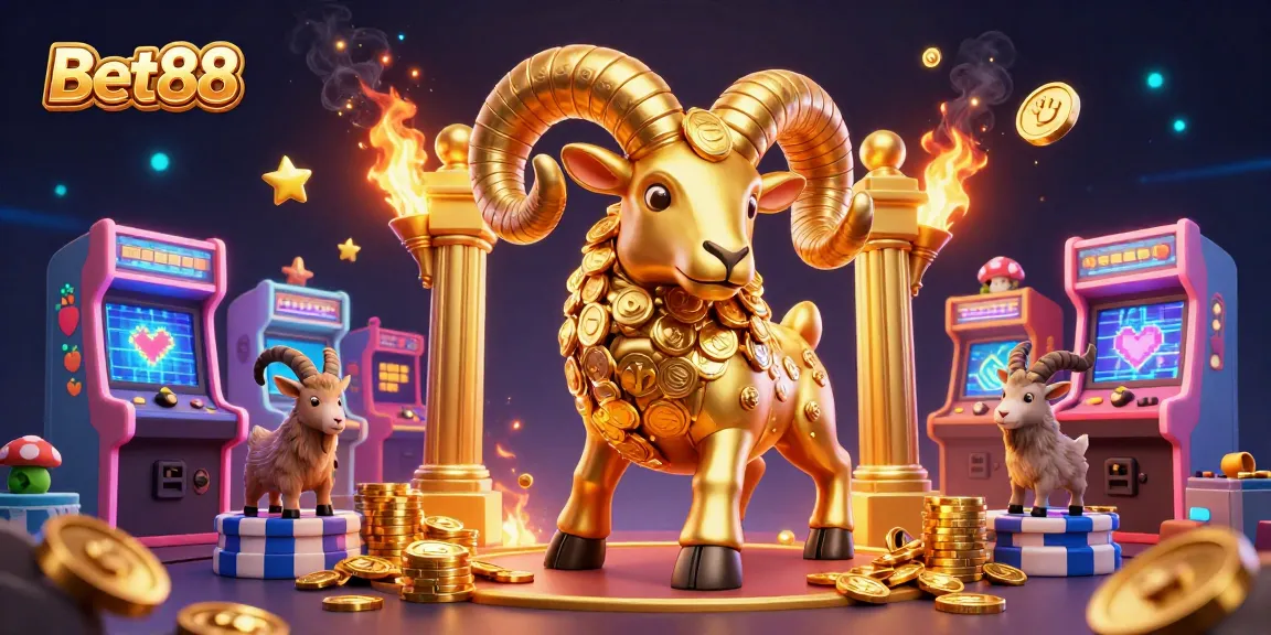 Bet88 showcases a dynamic 3D casino scene featuring a golden ram and arcade elements.