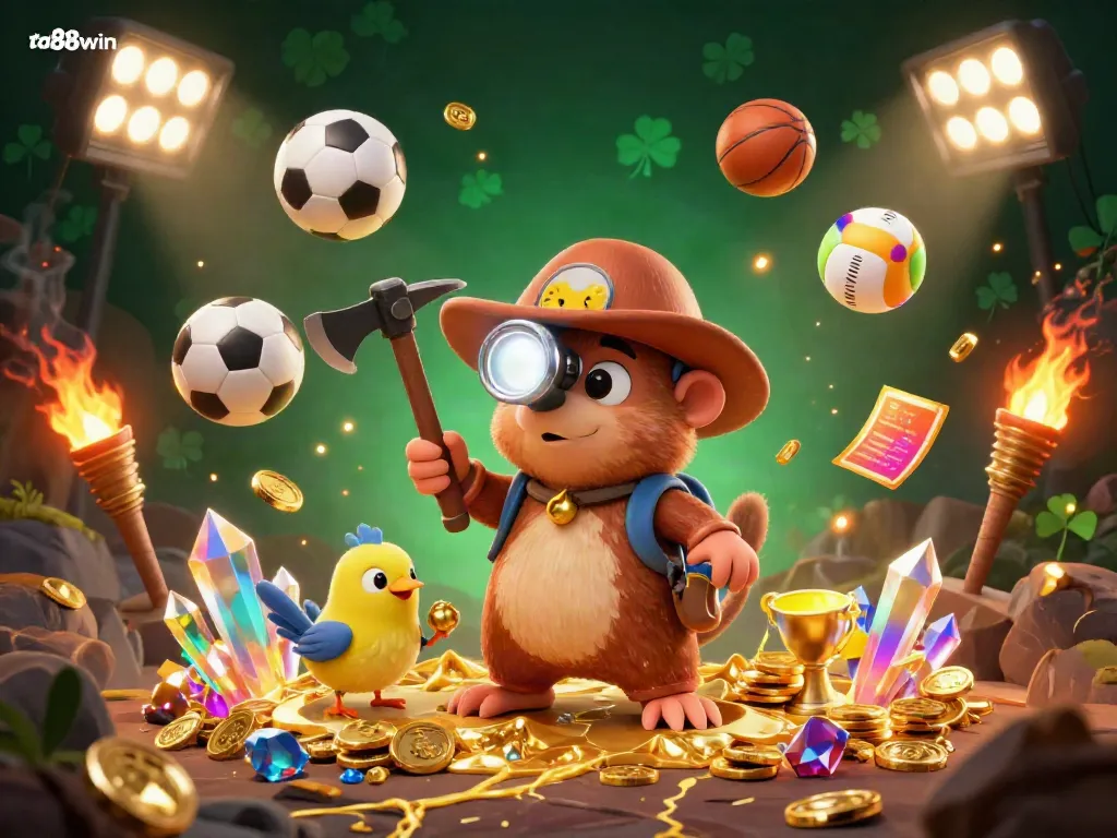 Engage in thrilling gaming adventures with ta88win's vibrant 3D illustration showcasing an animated treasure hunter surrounded by exciting casino elements.